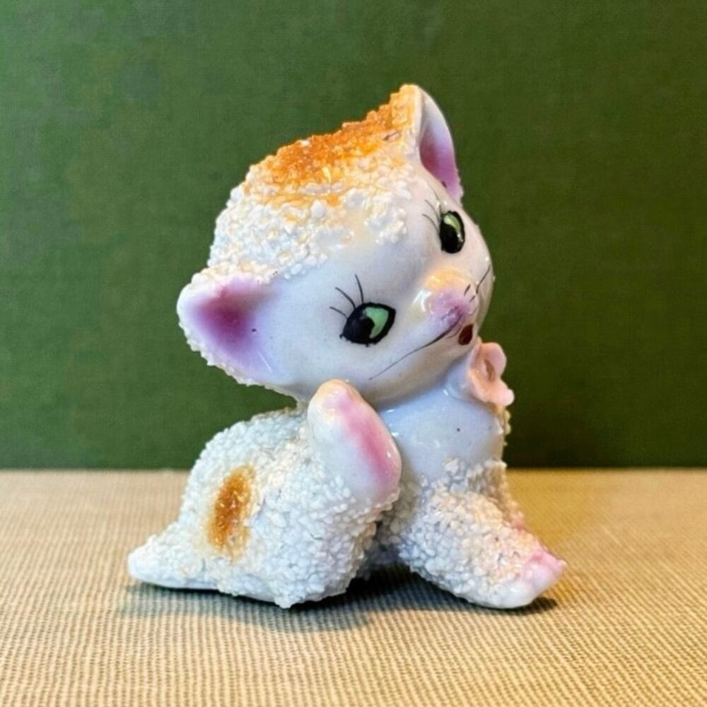 Midcentury Spaghetti Glaze Cat Figurine • Japan • 2.25” • Vintage
